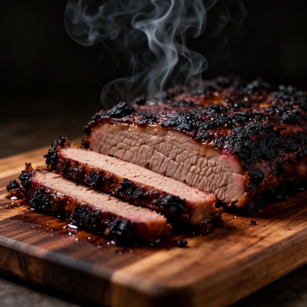 Close-up of Texas BBQ brisket being sliced, smoke rising from the bark